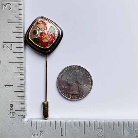 VTG 60s Cloisonne Butterfly Floral Stick Pin Enamel Jewelry Gold Tone Brooch - Picture 8 of 11